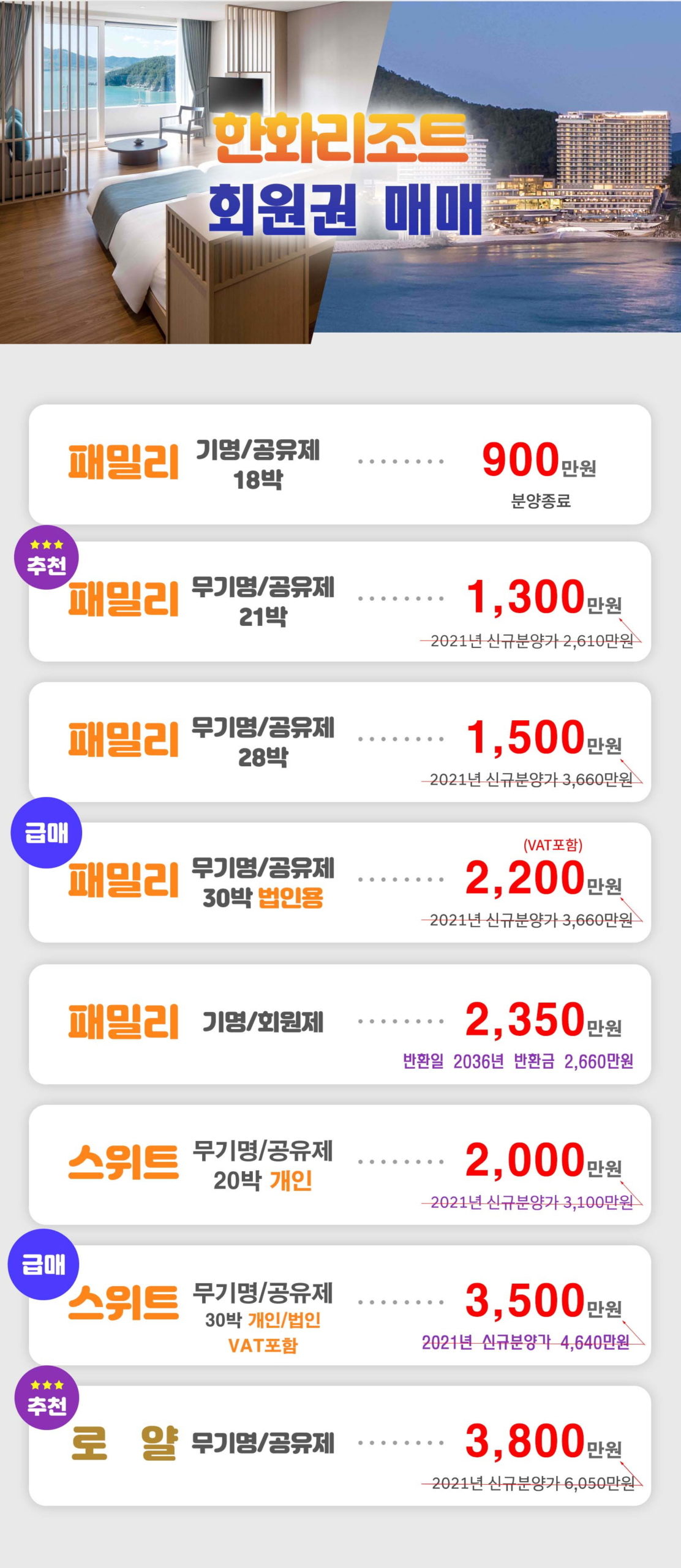 한화리조트 회원권 5월 추천매물