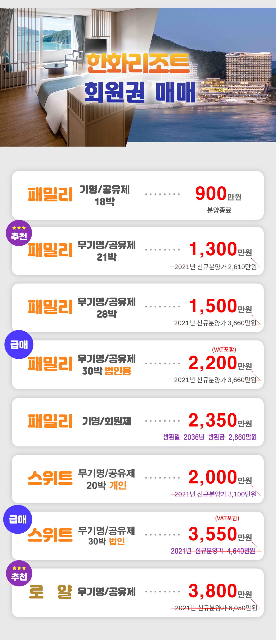 한화리조트 회원권 8월 추천매물